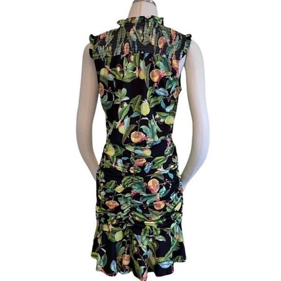 Hale Bob Women's Faux Wrap Ruched Smocked Shoulder Bodycon Mini Dress Tassle Tie - Picture 3 of 12